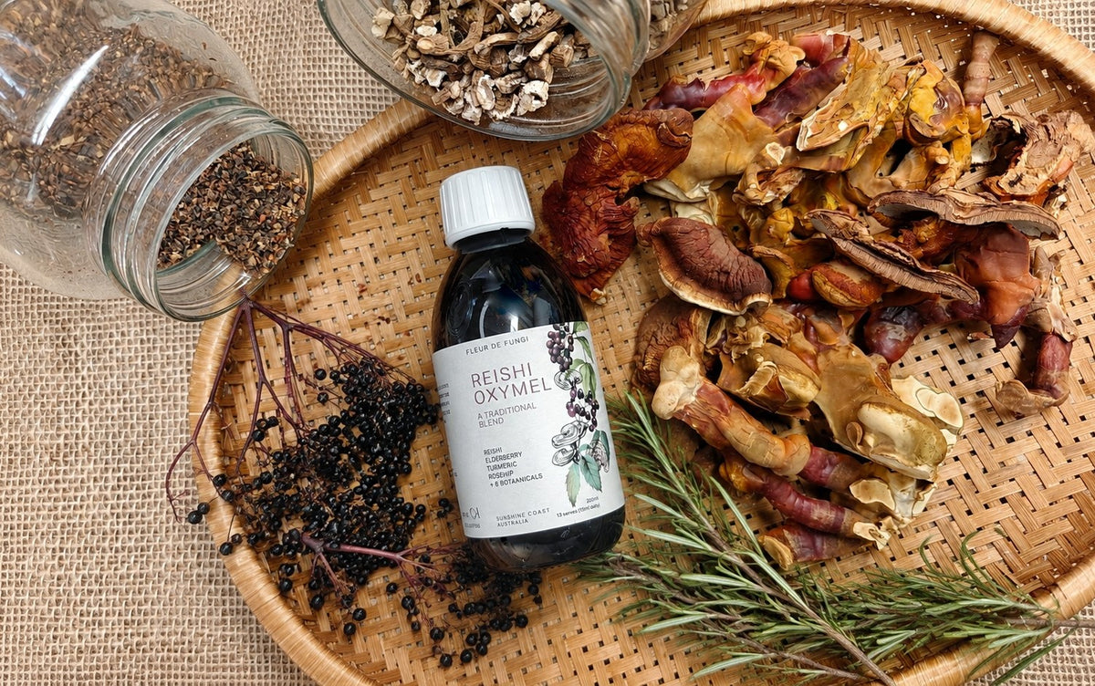 Reishi Oxymel ingredient flatlay